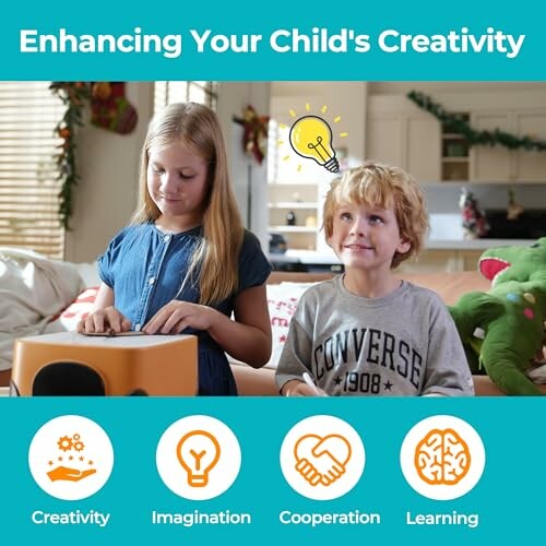 Children engaging in creative play with icons for creativity, imagination, cooperation, learning.