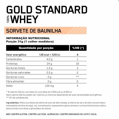 Nutritional information for Gold Standard Whey Vanilla flavor.