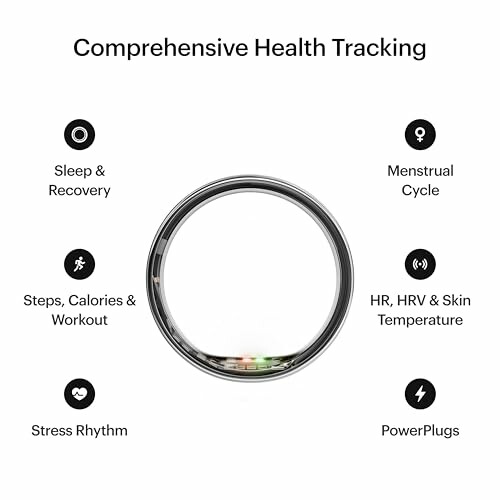Health tracking ring with features: sleep, menstrual cycle, steps, heart rate, stress, power.