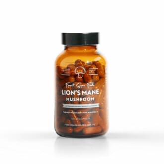 Bottle of Lion's Mane mushroom capsules.