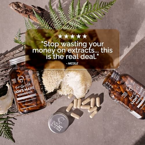 Lion's Mane mushroom supplement with quote praising the product.