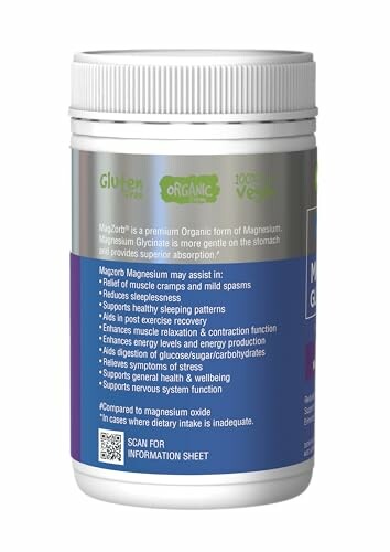 Magnesium supplement bottle with nutrition benefits listed.