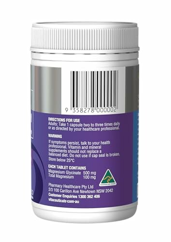 Back label of a magnesium supplement bottle with dosage instructions and warnings.