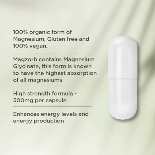Magnesium supplement capsule with product details.
