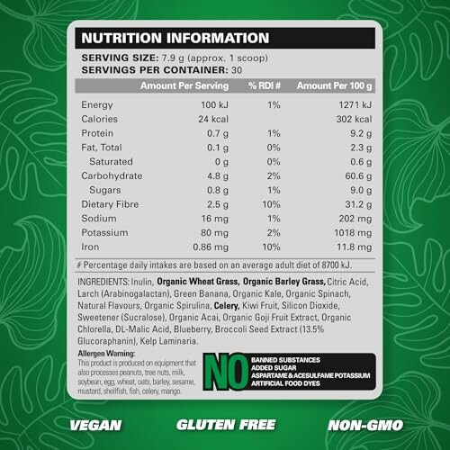 Nutrition information label for a vegan, gluten-free, non-GMO product.