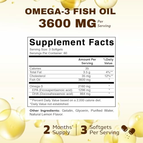 Omega-3 fish oil supplement facts label showing 3600 mg per serving.