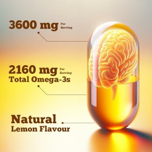 Omega-3 supplement capsule with brain illustration and dosage information.
