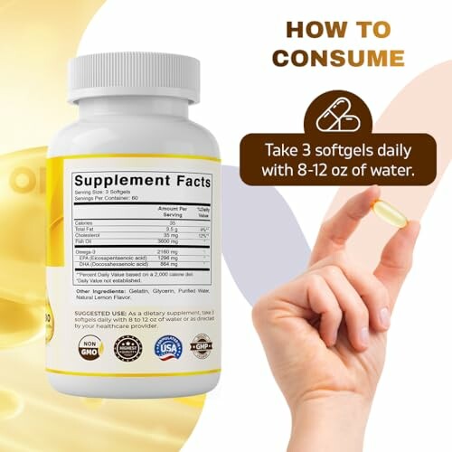 Omega-3 supplement bottle with dosage instructions.