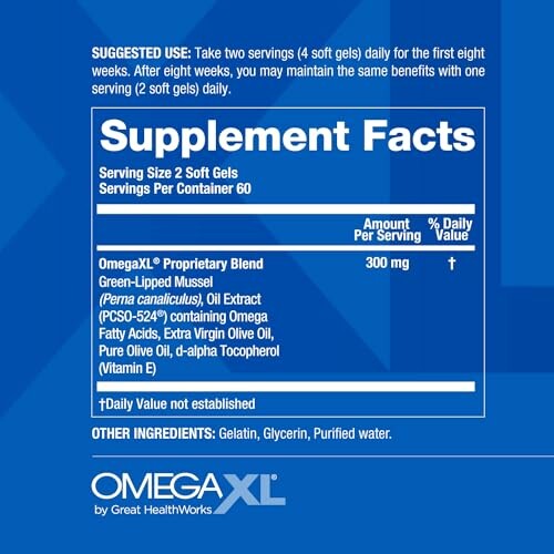 OmegaXL supplement facts label with ingredients and serving suggestion.