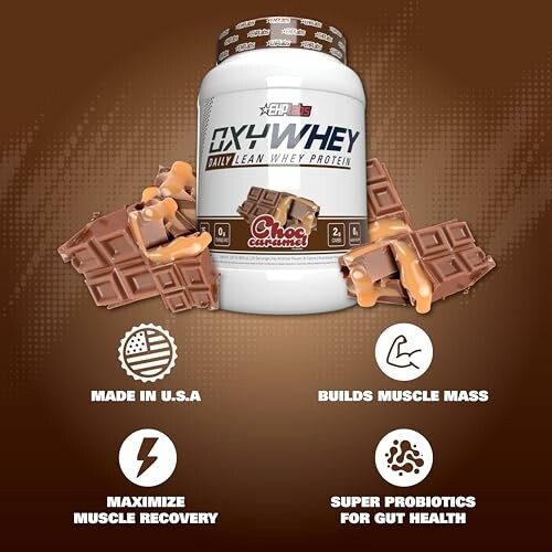 Oxy-Whey chocolate caramel protein with health benefits icons