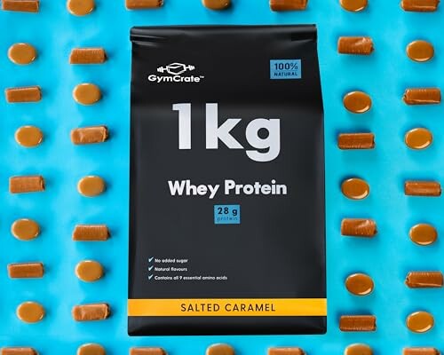 1kg whey protein package with salted caramel flavor surrounded by caramel candies.