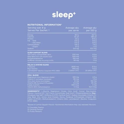 Nutritional information for sleep supplement