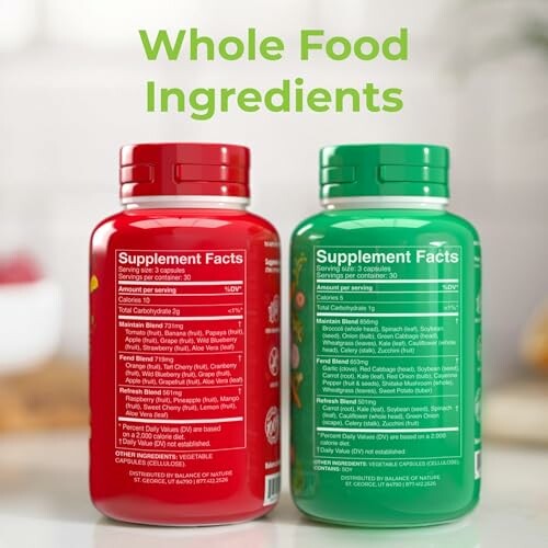 Two supplement bottles with whole food ingredients label.