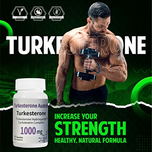Man lifting dumbbells with Turkesterone supplement bottle and text promoting strength increase.
