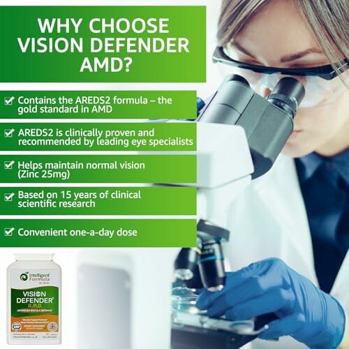 Scientist examining through microscope with Vision Defender AMD benefits listed.