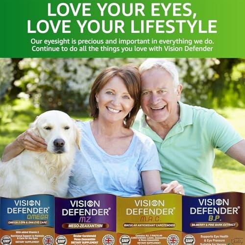 Smiling couple with a dog, promoting Vision Defender supplements for eye health.