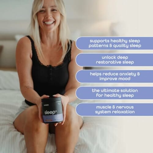 Woman holding a sleep supplement with benefits listed beside her.