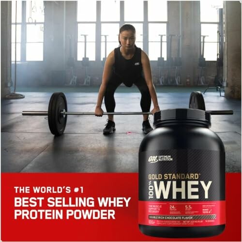 Woman weightlifting in gym with whey protein container.